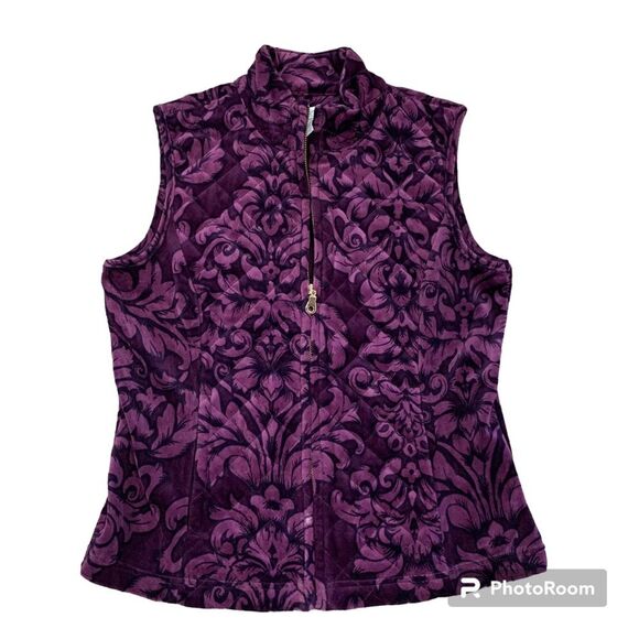 Charter Club Jackets & Blazers - Charter Club Woman Purple & Black Floral Velour Quilted Vest Size Petite…